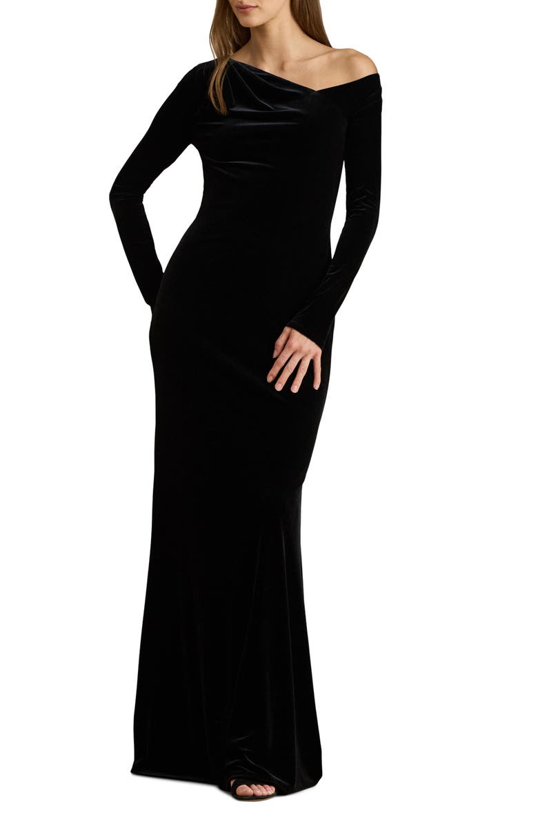 Lauren Ralph Lauren Cateema Asymmetric Neck Long Sleeve Gown, Main, color, Black Velvet