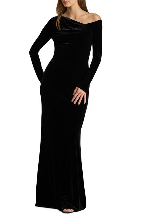 Ralph Lauren Lauren  Cateema Asymmetric Neck Long Sleeve Gown In Black