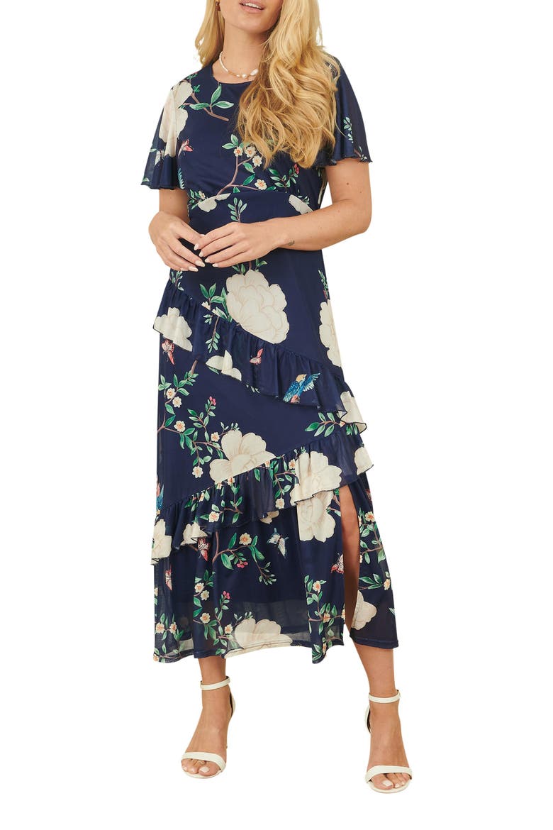 Mesh Bird And Floral Print Midi Dress, Alternate, color, Navy