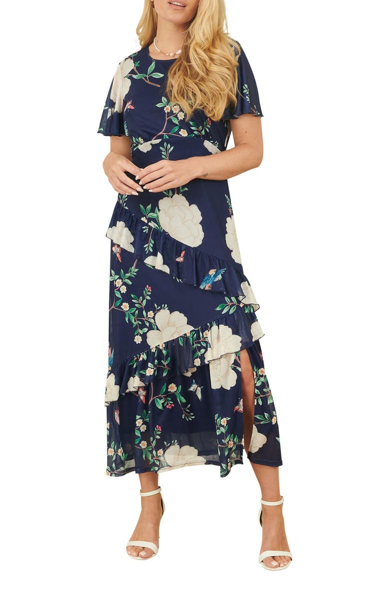 Yumi Mesh Bird And Floral Print Midi Dress, Alternate, color, Navy
