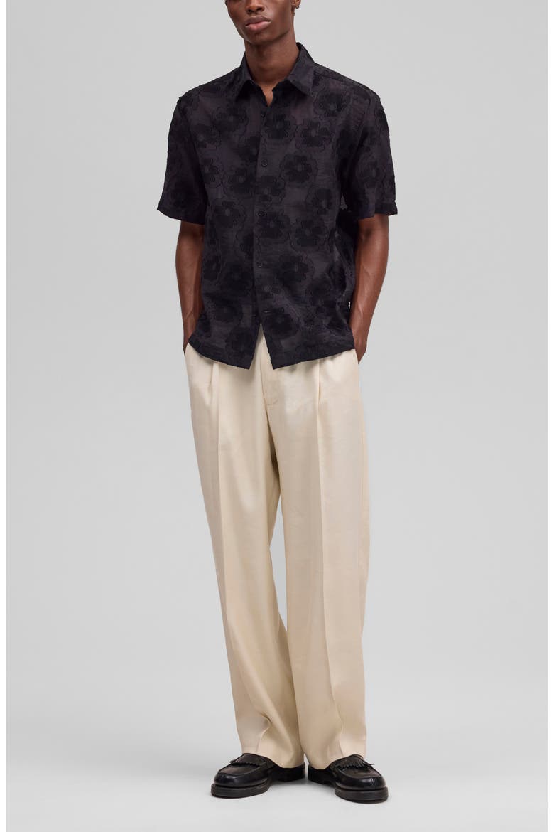 Freddy 50045 Embroidered Floral Short Sleeve Cotton Blend Button-Up Shirt, Alternate, color, BLACK