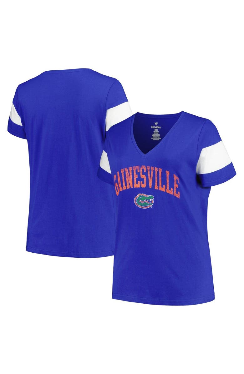 PROFILE Women's Profile Heather Royal Florida Gators Plus Size Arched City Sleeve Stripe V-Neck T-Shirt, Main, color, 