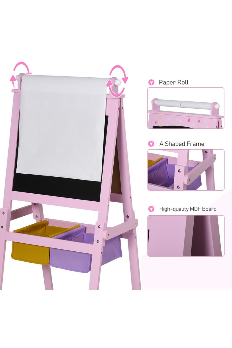 3-in-1 Kids Wooden Art Easel, Paper Roll, Double-Sided Chalkboard & Whiteboard, Storage, Alternate, color, Pink