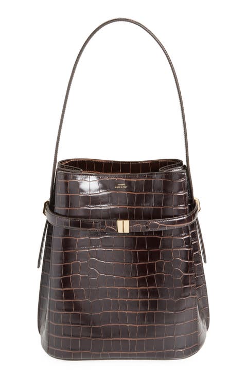 Belted Croc Embossed Leather Bucket Bag