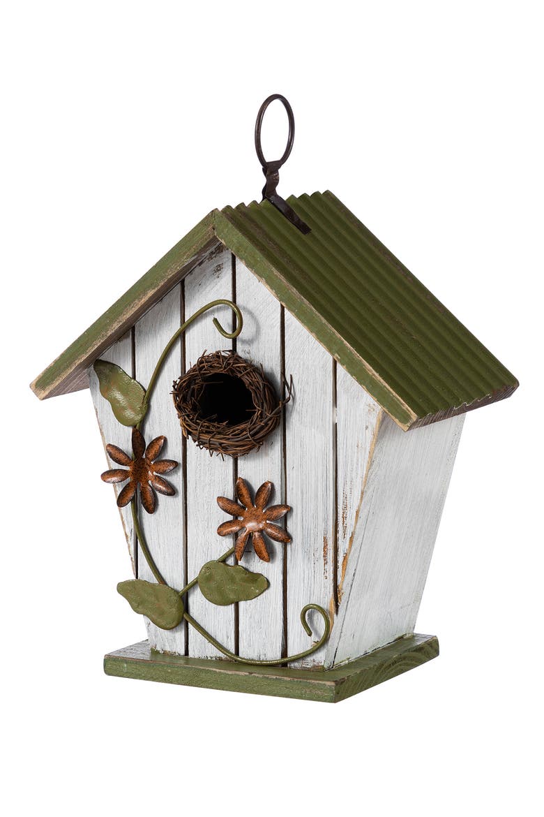 Distressed Solid Wood Decorative Outdoor Garden Birdhouse with 3D Flower or Maple, Main, color, Green