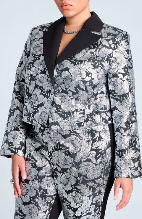 Floral Metallic Brocade Crop Blazer (Plus)