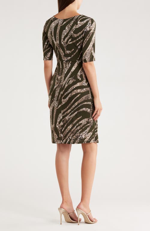 Connected Apparel Elbow Length Sleeve Faux Wrap Dress In Brown