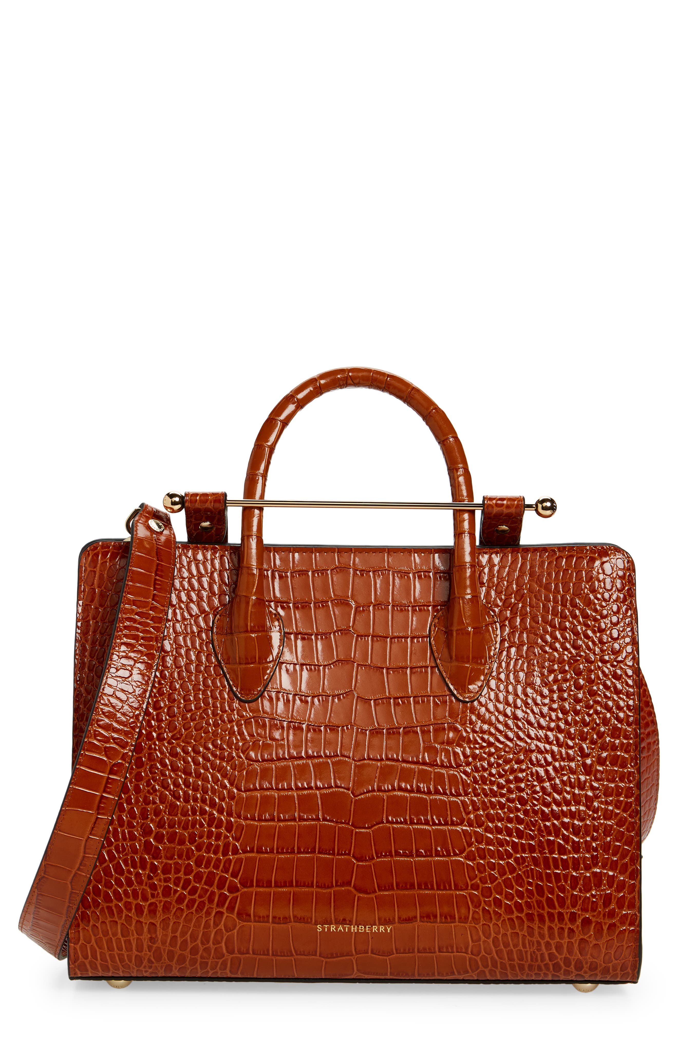 Midi Croc Embossed Leather Tote, Main, color, TAN