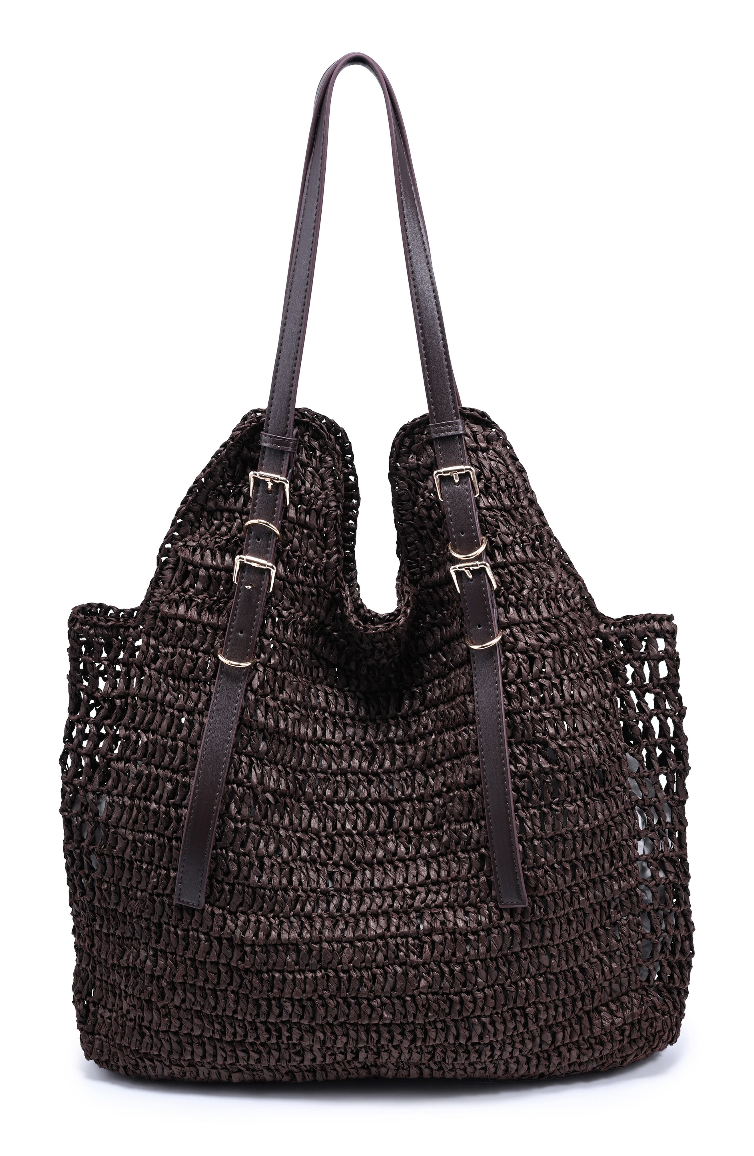 MODA LUXE Straw Tote, Main, color, Coffee