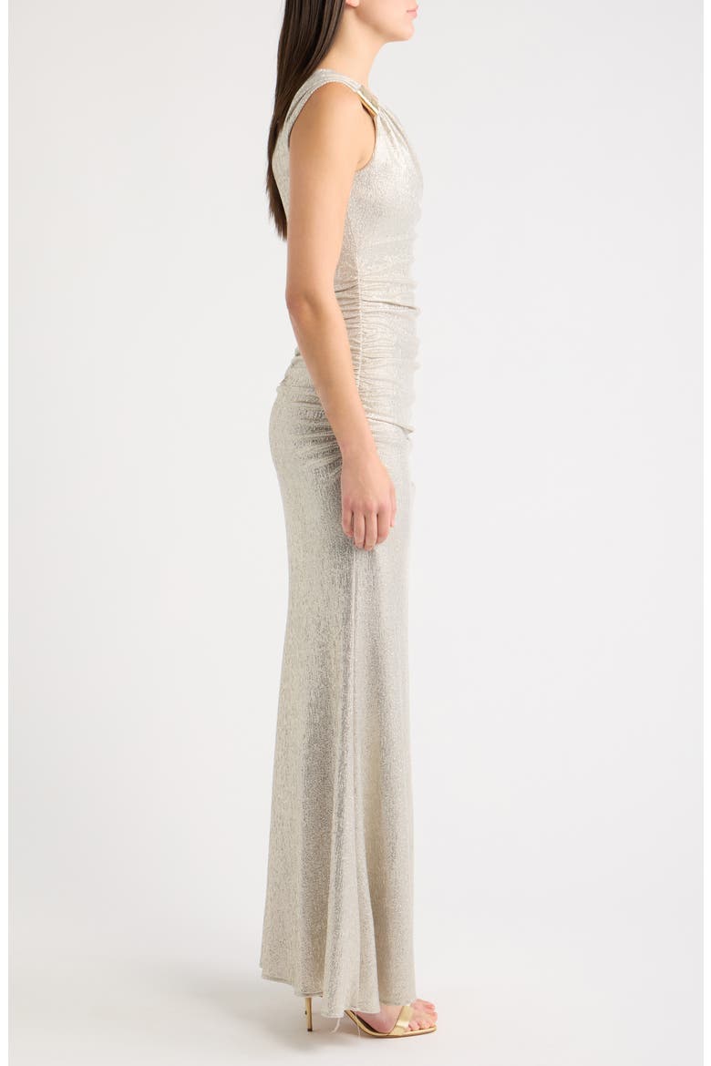 Metallic One-Shoulder Ruched Mermaid Gown, Alternate, color, GOLD