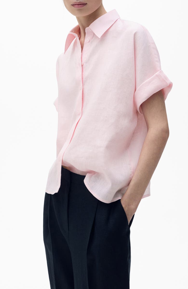 MANGO Pai Linen & Cotton Button-Up Shirt, Main, color, Light Pink