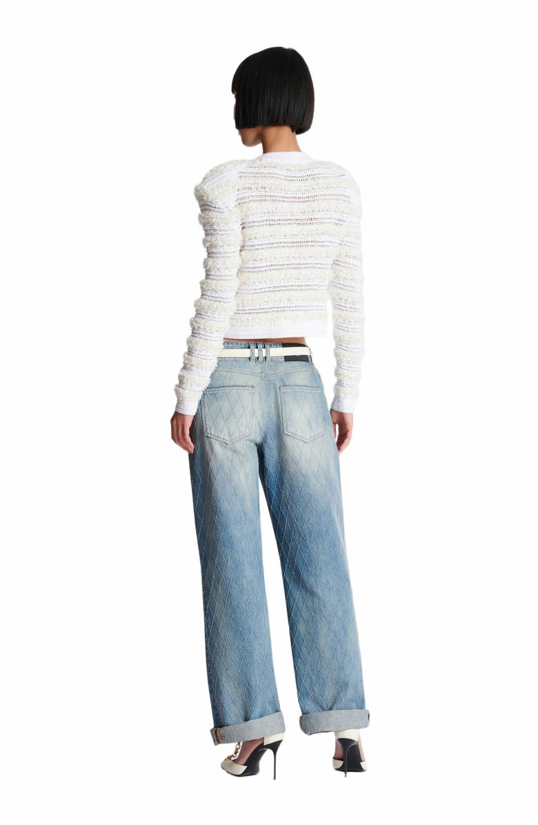 Balmain Long-Sleeved Tweed-Effect Knit Cardigan, Alternate, color, White