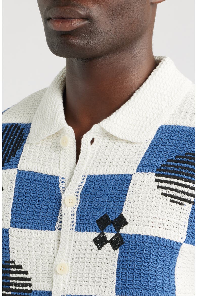 Porto Check Embroidered Cotton Crochet Polo, Alternate, color, ECRU / BLUE
