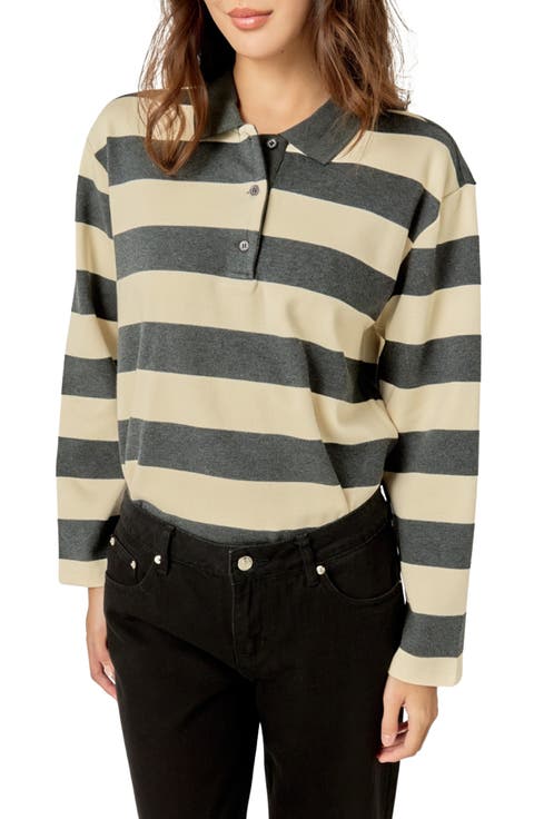 Striped Ribbed Cotton Blend Polo Shirt