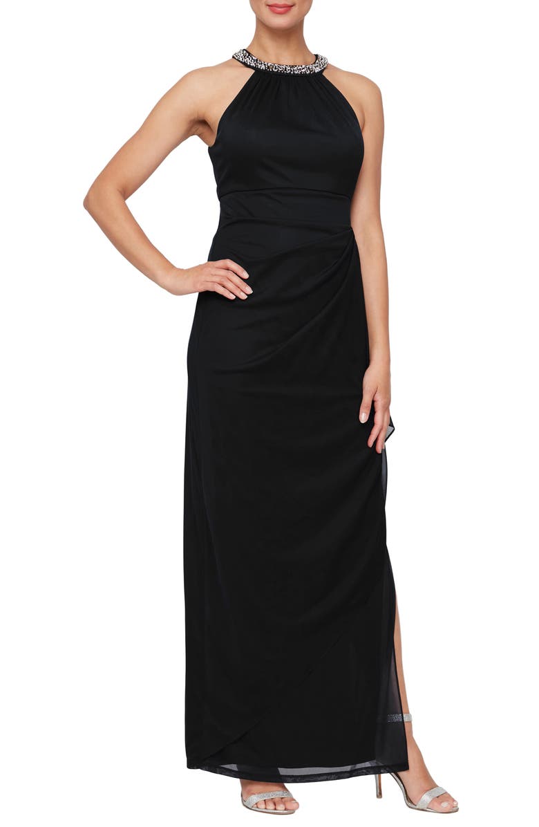Alex Evenings Embellished Halter Ruched Column Formal Gown, Main, color, Black