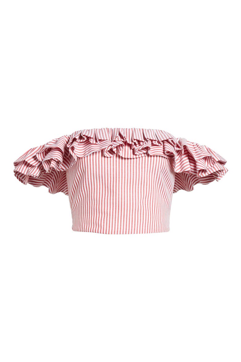 Anzio Off the Shoulder Ruffle Crop Top, Alternate, color, RED STRIPE
