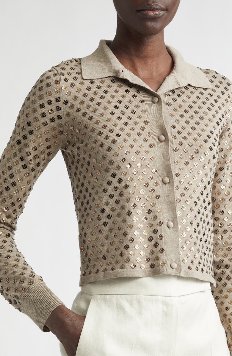Max Mara Ragno Sequin Embellished Virgin Wool Cardigan, Alternate, color, Light Brown