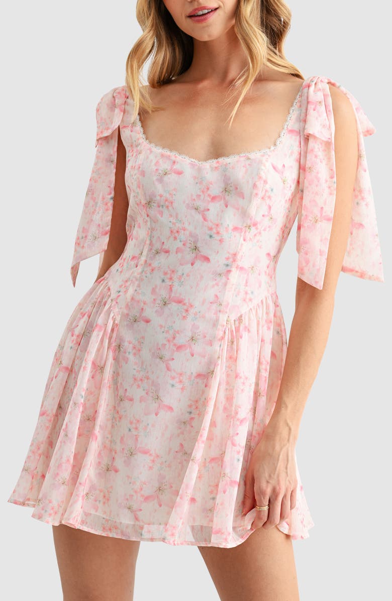 All in Favor Tie Shoulder Fit & Flare Minidress, Alternate, color, Pink Floral