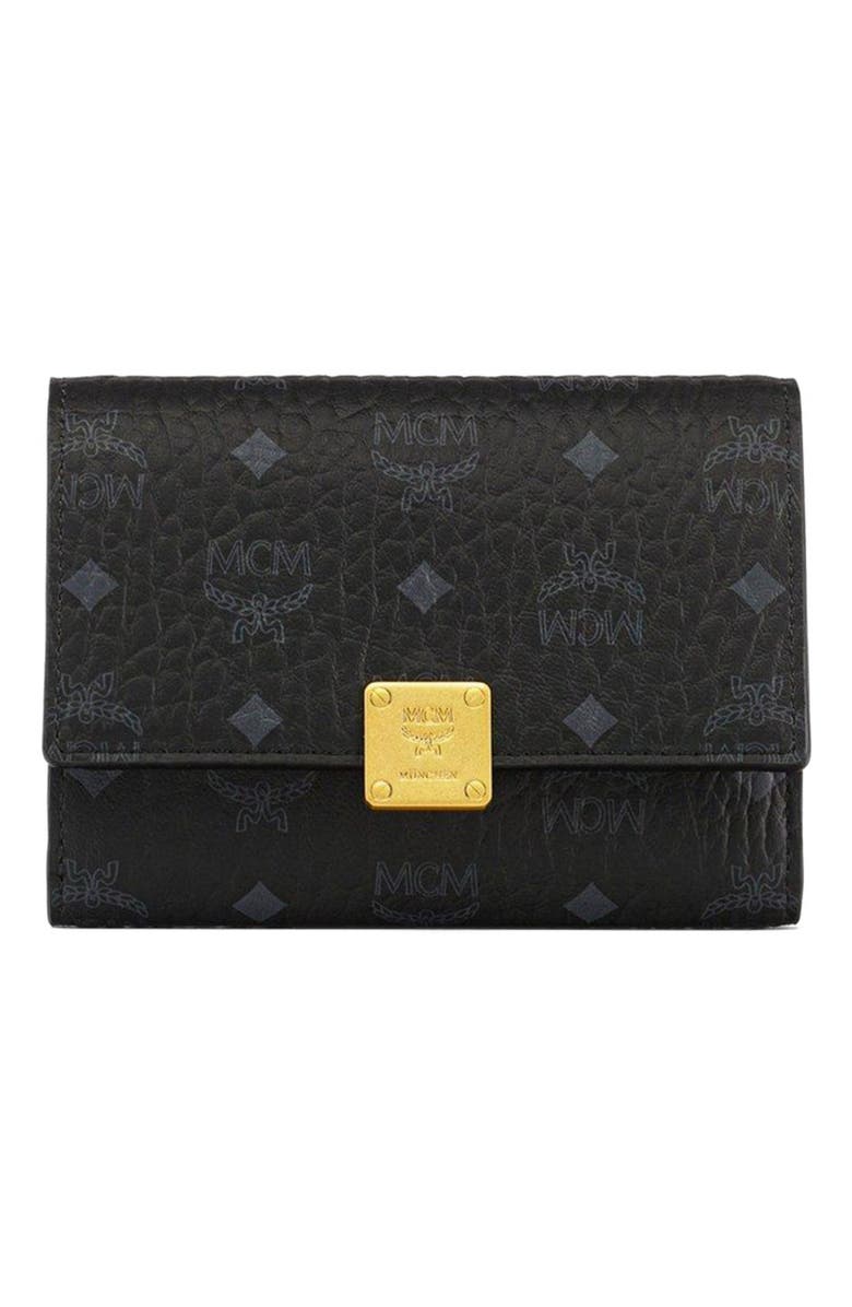MCM Aren Trifold Wallet in Visetos, Main, color, Black