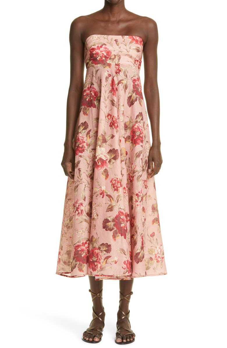 Zimmermann Cassia Floral Print Linen Bandeau Midi Dress, Main, color, 