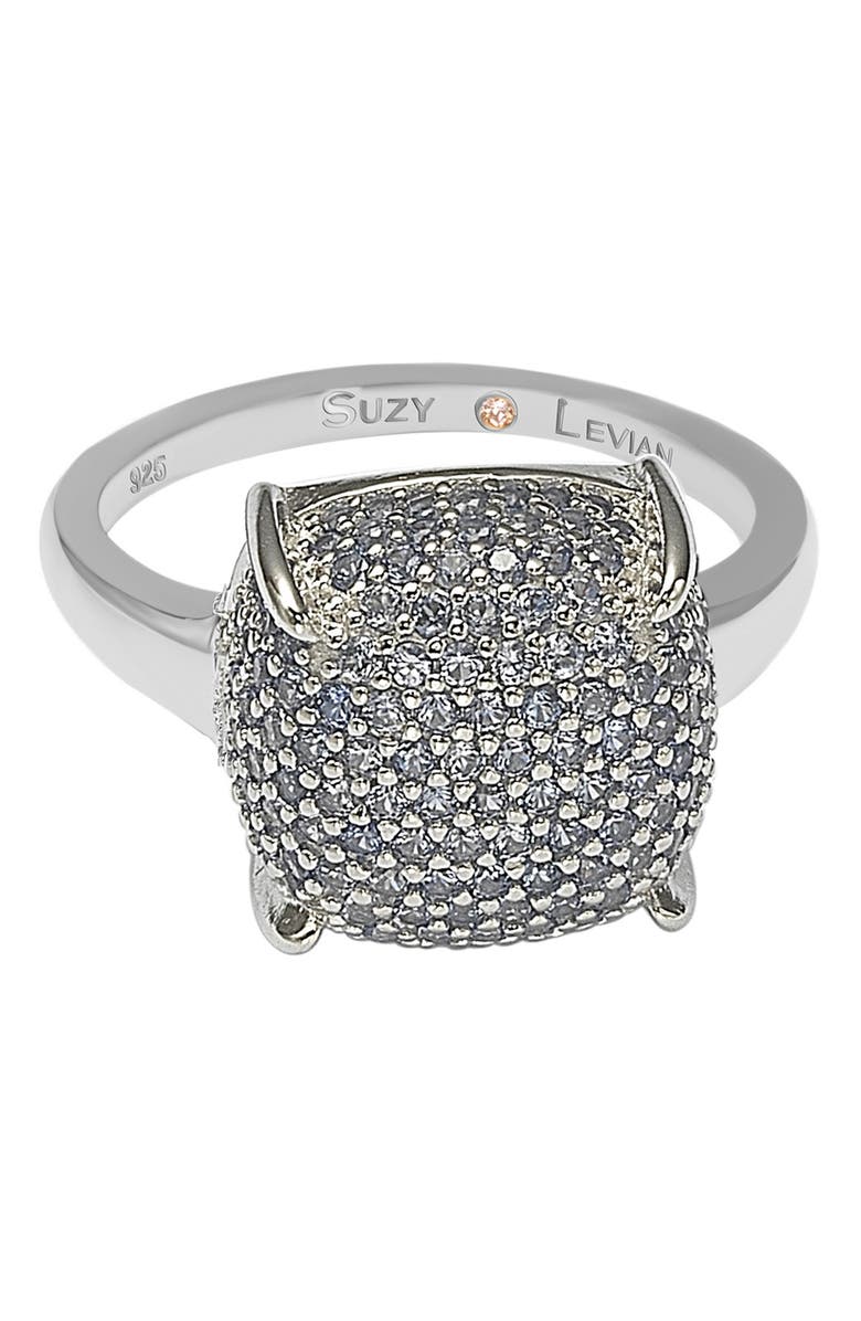 SUZY LEVIAN Sterling Silver Prong Set Cushion Shape Pave CZ Ring, Main, color, Blue