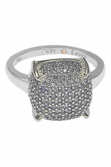SUZY LEVIAN Sterling Silver Prong Set Cushion Shape Pave CZ Ring
