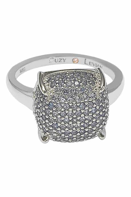SUZY LEVIAN Sterling Silver Prong Set Cushion Shape Pave CZ Ring
