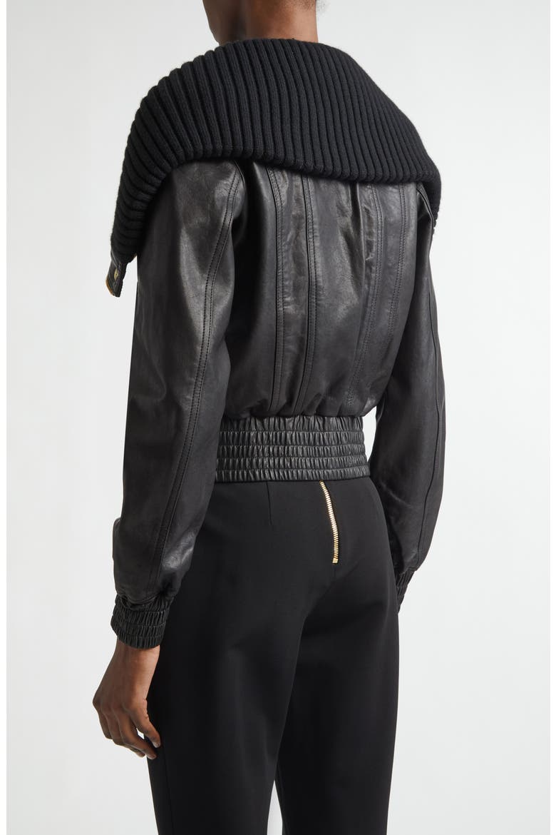 Knit Collar Lambskin Leather Bomber Jacket, Alternate, color, 0PA BLACK