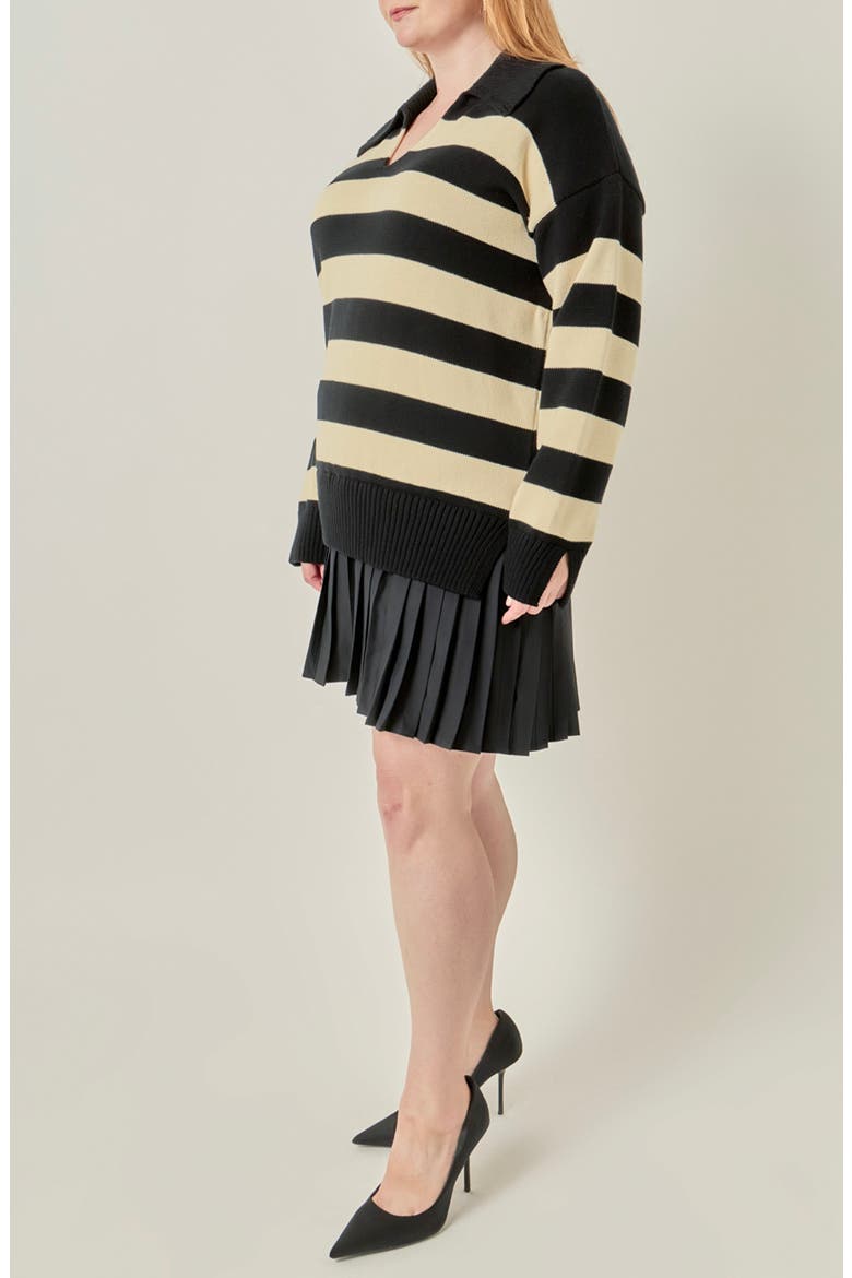 Mixed Media Striped Pleated Minidress, Alternate, color, BLACK/ NUDE