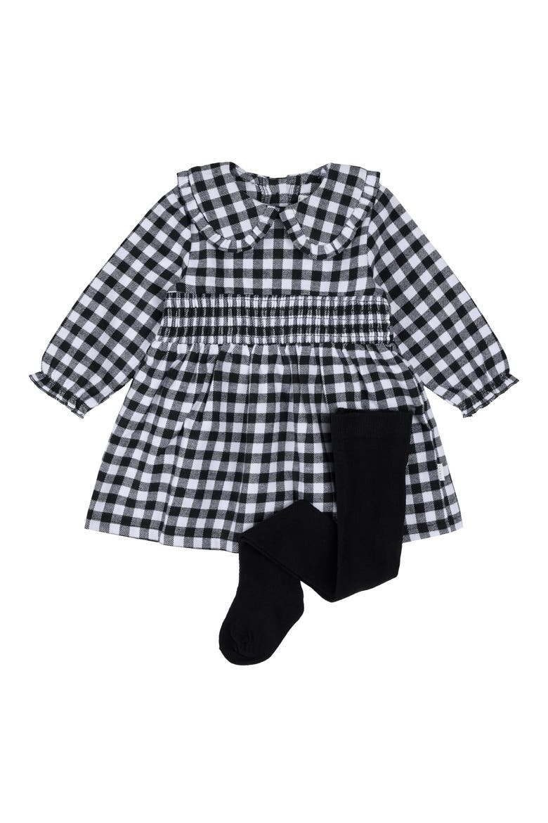 Kids' Gingham Cotton Flannel Dress & Tights Set, Main, color, BLACK