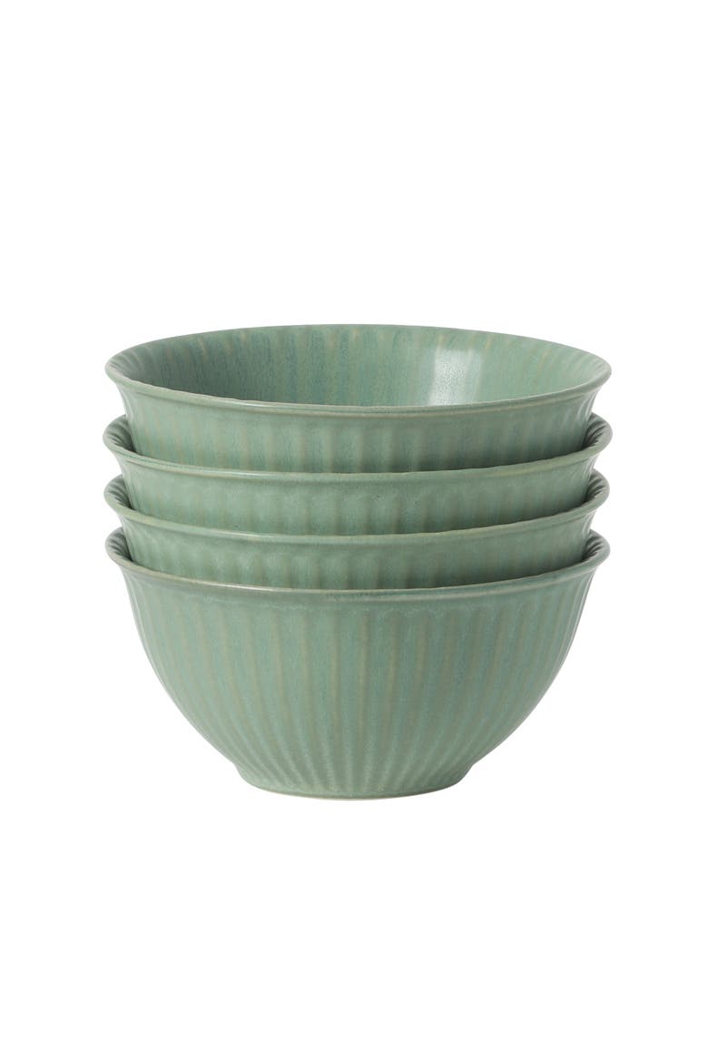 Bistro Linea Cereal Bowls, Stoneware Soup Bowls, Cream Reactive Glaze Ribbed Bowl Set, Main, color, Green