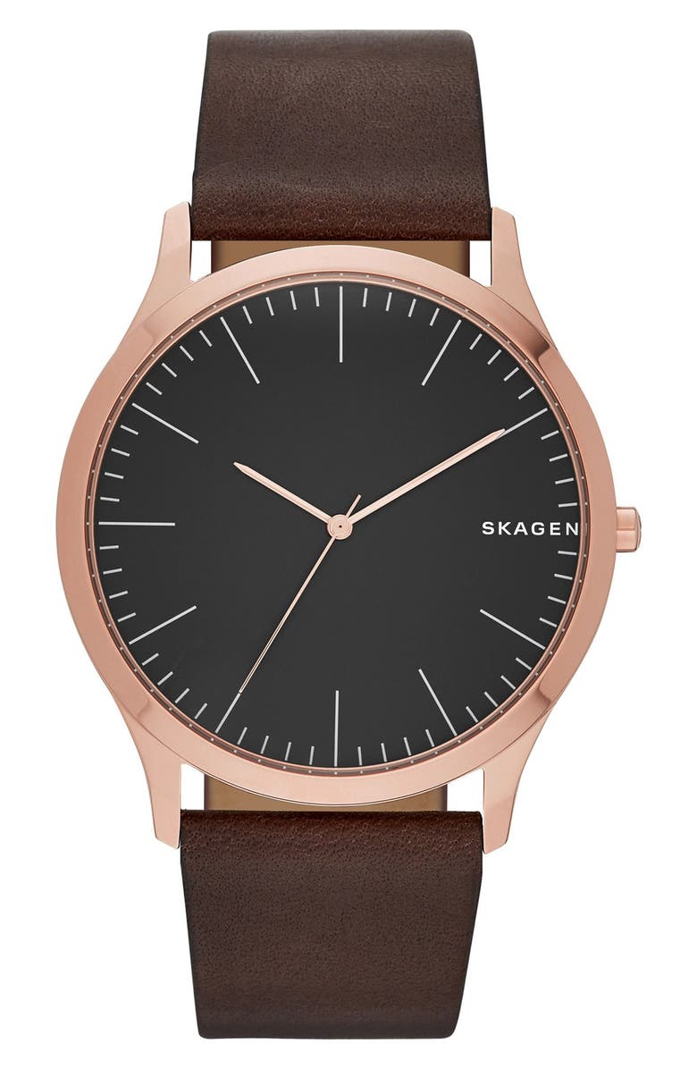Skagen Jorn Leather Strap Watch, 41mm, Main, color, 