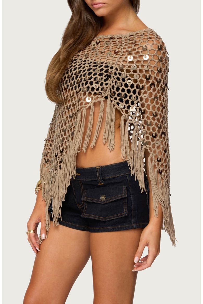 Open Stitch Sequin Fringe Poncho, Alternate, color, TAN
