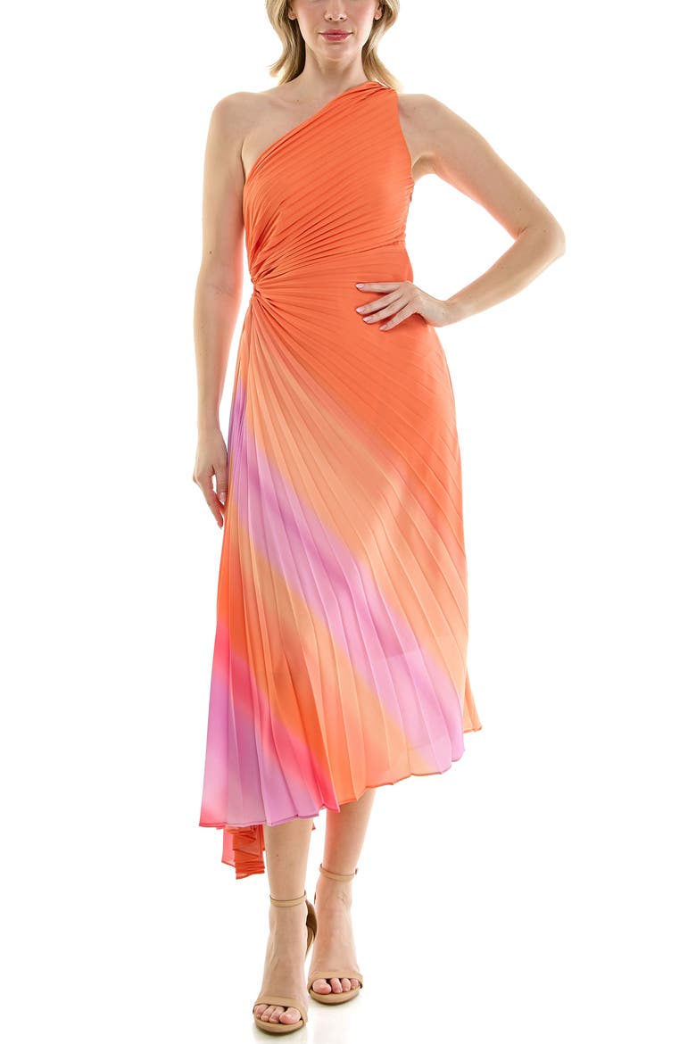 One-Shoulder Pleat Midi Dress, Alternate, color, SUMMER CITRUS