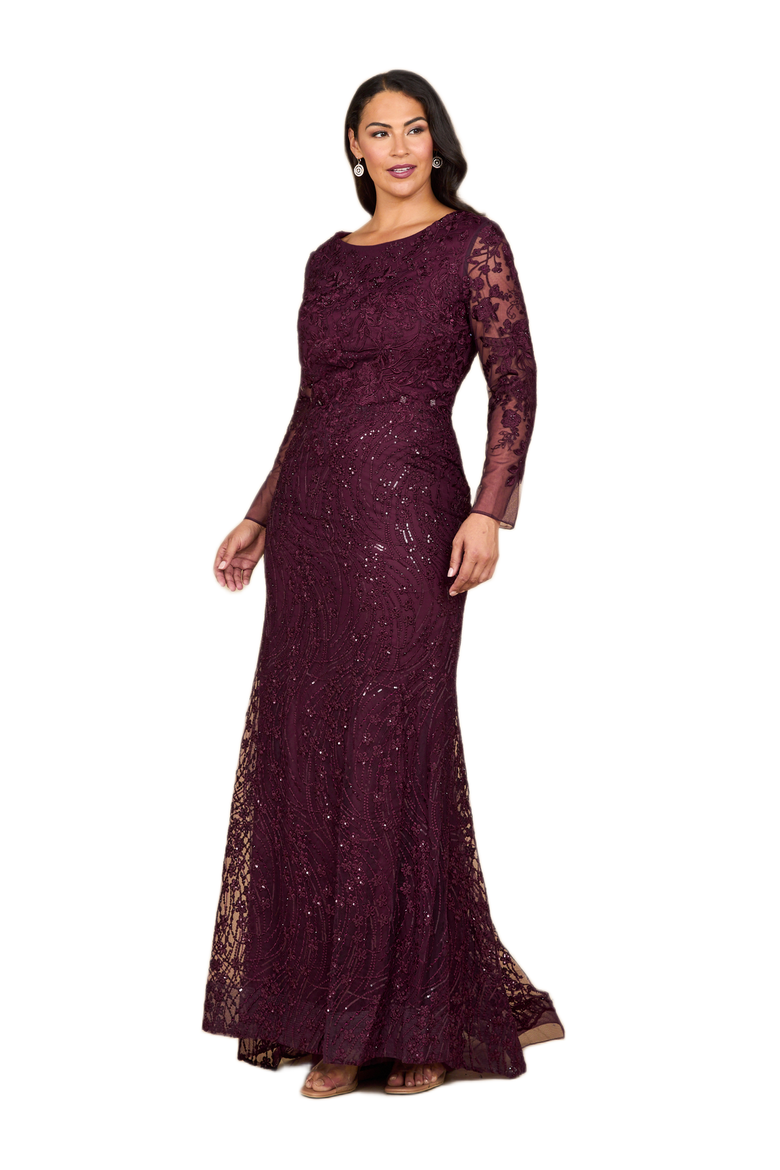 Long Sleeve Gown with Overskirt & Illusion Neckline, Alternate, color, Wine