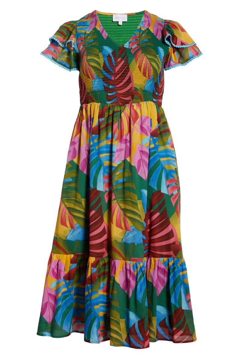 Tropical Print Midi Dress, Alternate, color, KELLY GREEN