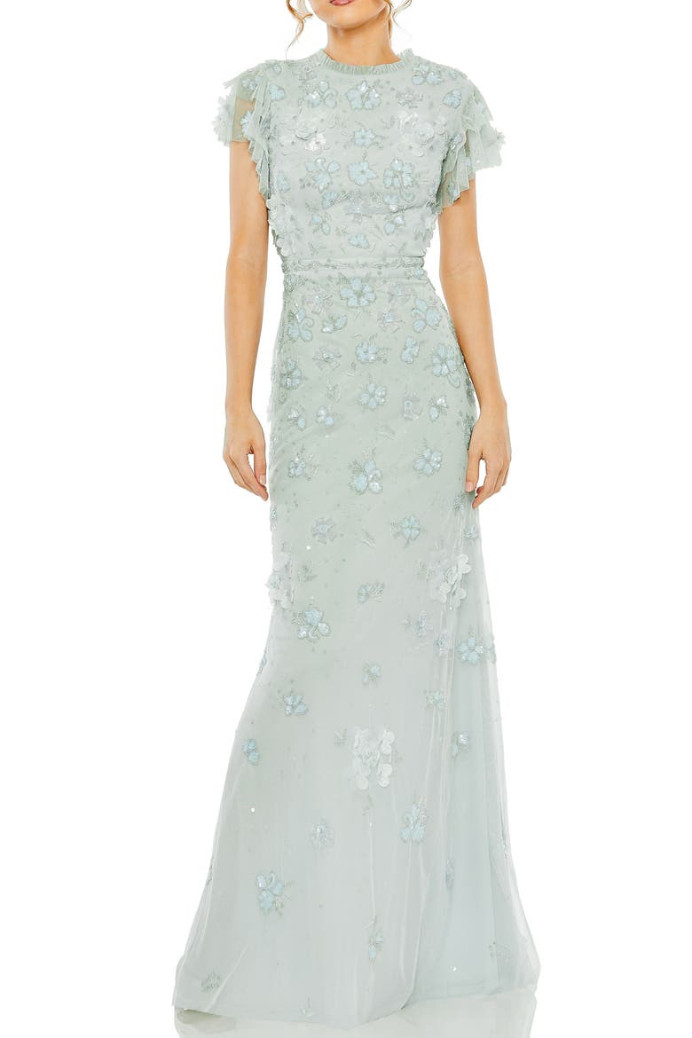 Floral Embellished High Neck Flutter Sleeve Gown, Main, color, Periwinkle