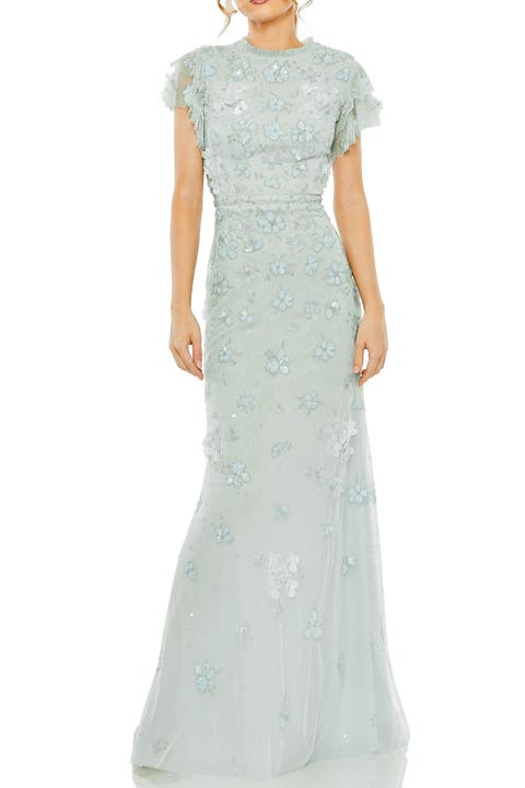 Women's Floral Embellished High Neck Flutter Sleeve Gown