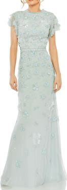 Mac Duggal Floral Embellished High Neck Flutter Sleeve Gown