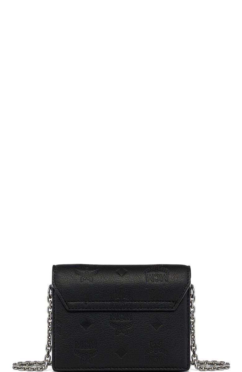 MCM Mini Aren Chain Wallet in Embossed Monogram Leather, Alternate, color, Black