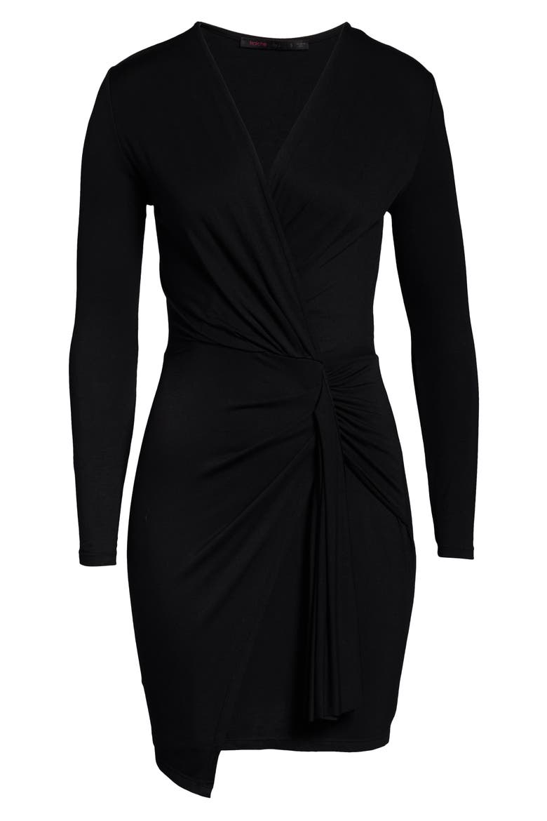Long Sleeve Ruched Faux Wrap Minidress, Alternate, color, BLACK