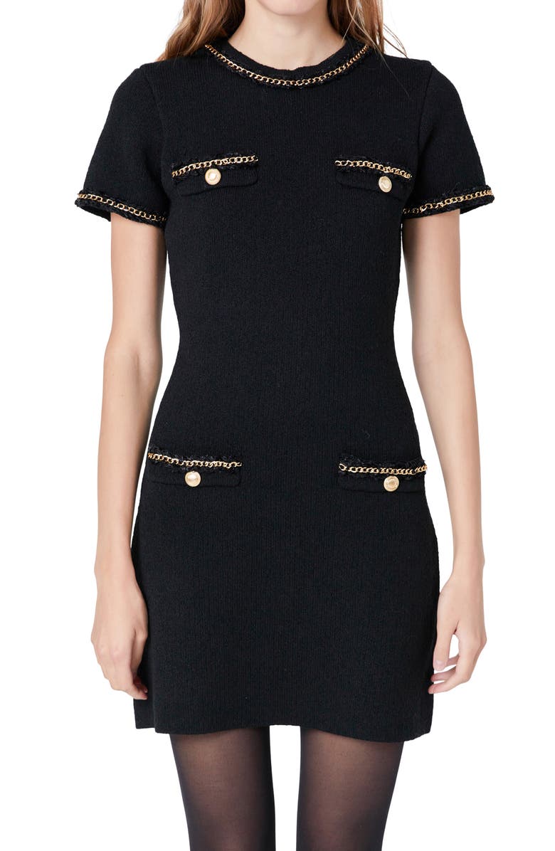 Endless Rose Chain Trim Sweater Minidress, Alternate, color, Black