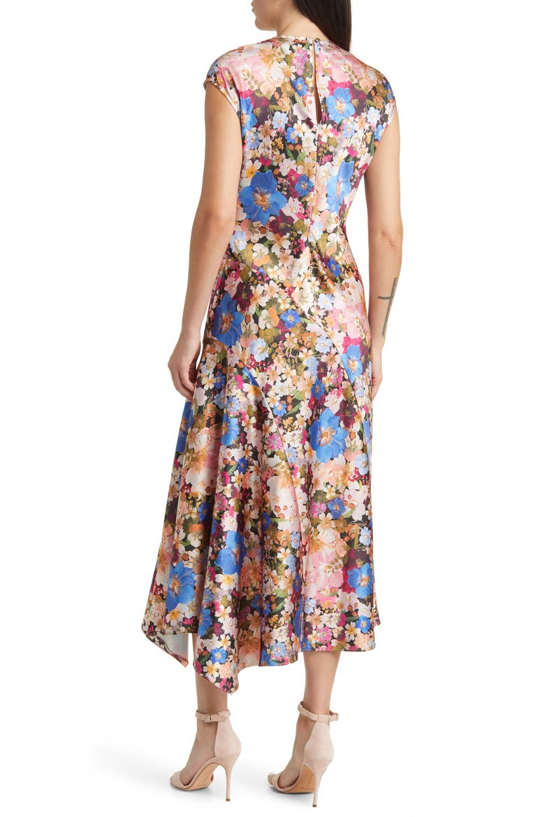 Slanno Floral Asymmetric Hem Midi Dress, Alternate, color, BLACK