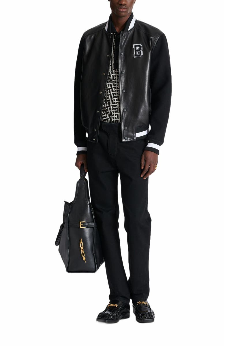 Balmain Varsity Lambskin Leather And Wool Jacket, Alternate, color, Black