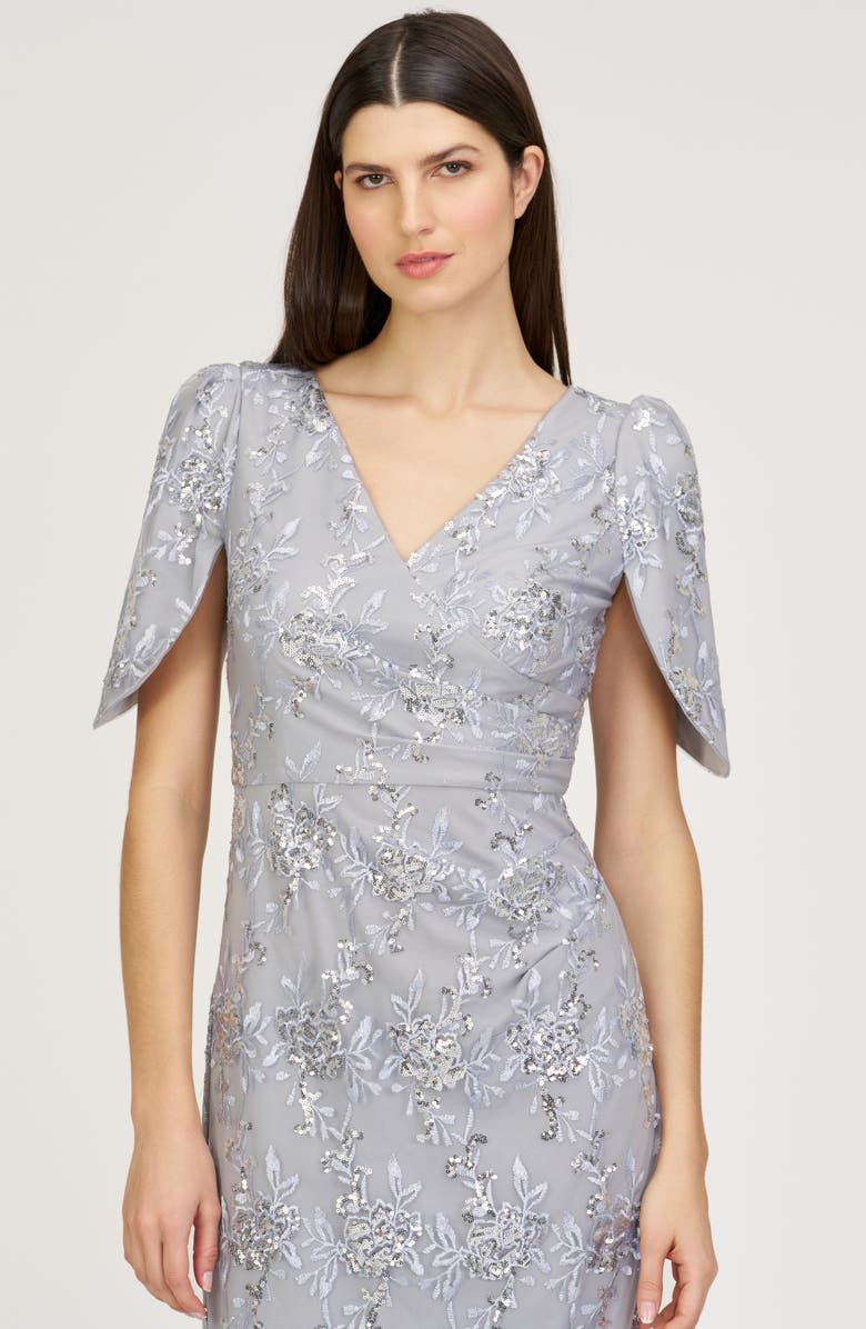 JS Collections Elena Floral Embroidered Column Gown, Alternate, color, Silver