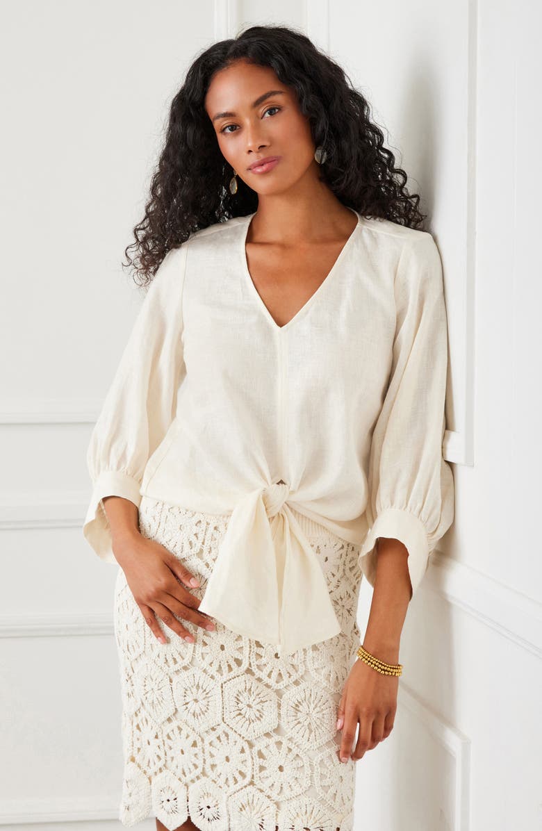 Karen Kane Tie Front Linen Top, Alternate, color, Ecru