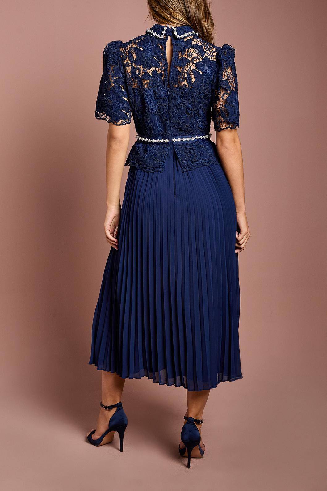 lace dress with pleated skirt Oasis Women's Lace Bodice Pleated Skirt Long Sleeve Midi Dress in Pale Pink | Size: 8