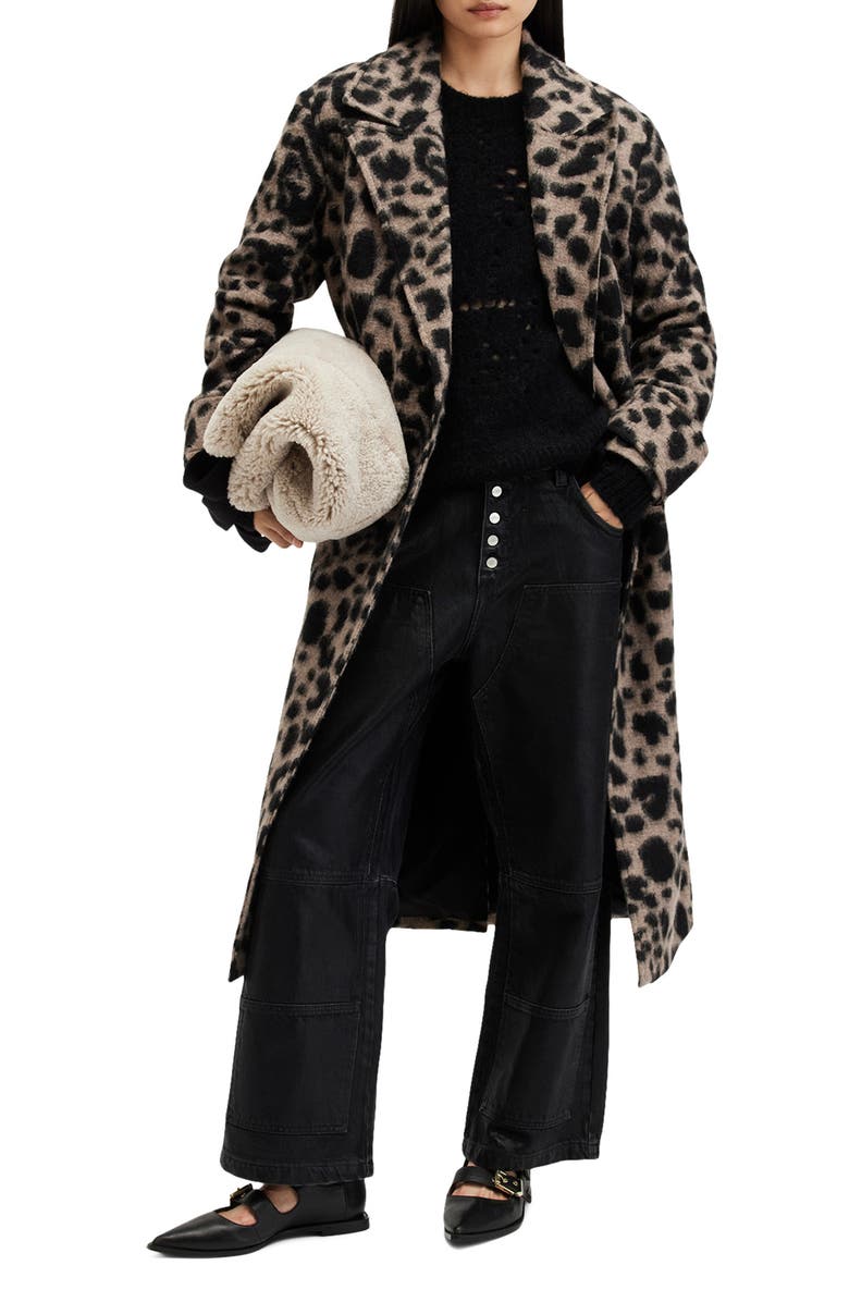 AllSaints Mabel Leopard Print Double Breasted Coat, Alternate, color, 