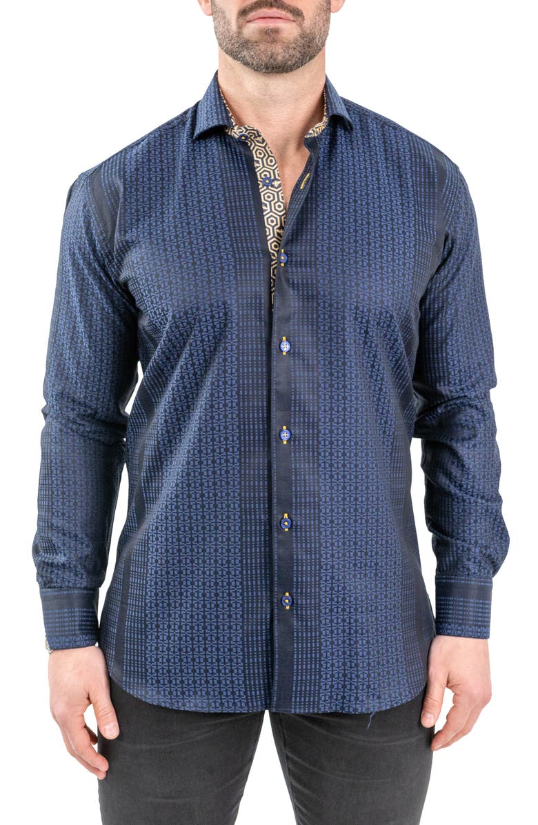 Maceoo Einstein Jacqhoneythree Blue Contemporary Fit Cotton Blend Button-Up Shirt, Main, color,
