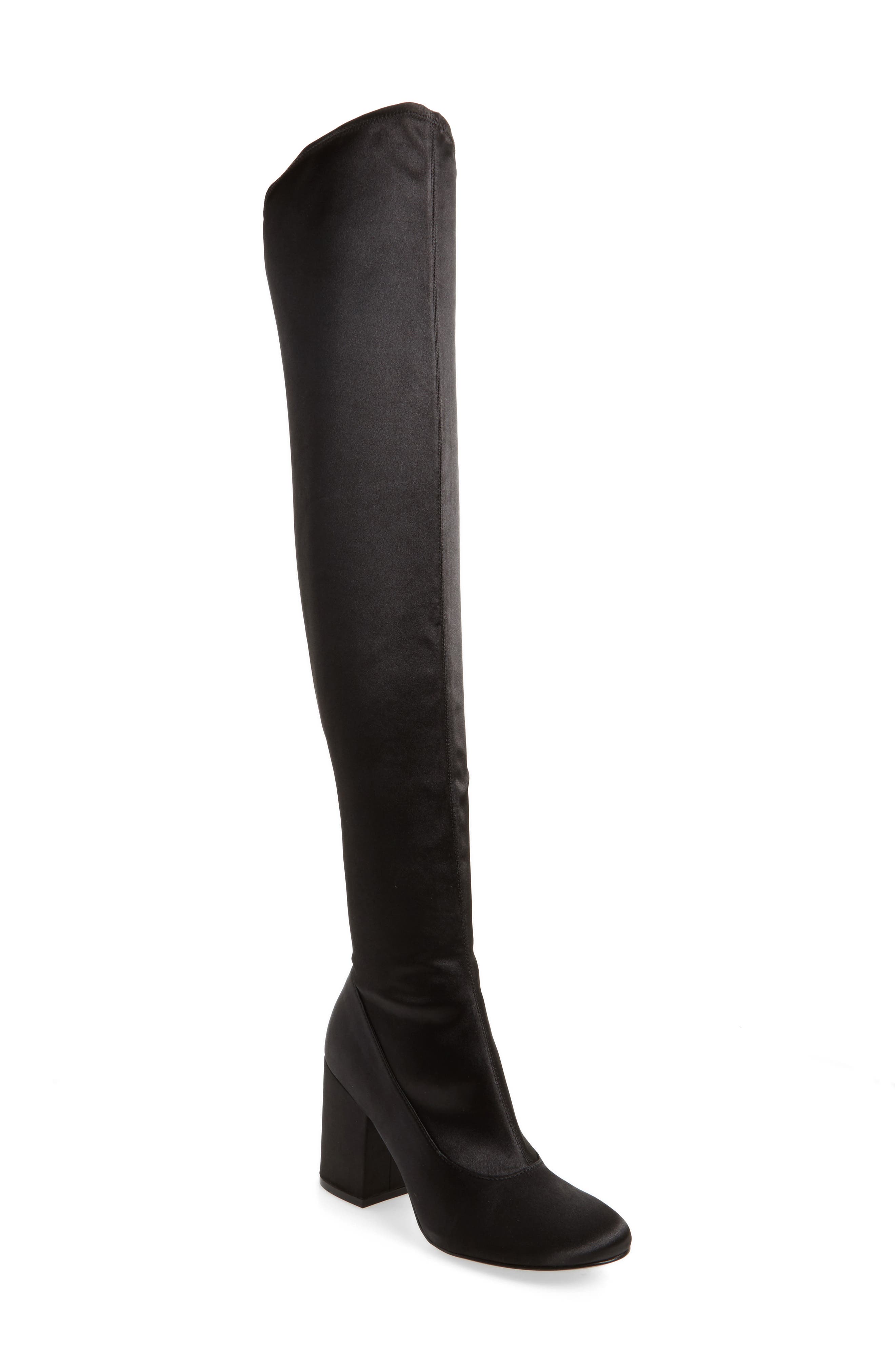 Praye Over the Knee Boot, Main, color, BLACK FAUX SATIN